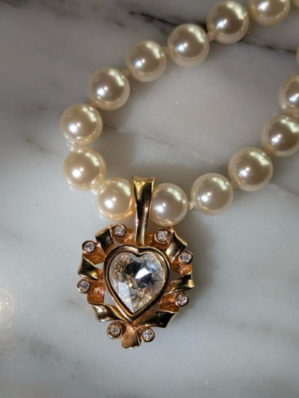 Swarovski Vintage Heart Pearl Look Necklace SAL S.A.L. Gold Plated Gold Tone - Picture 4 of 8